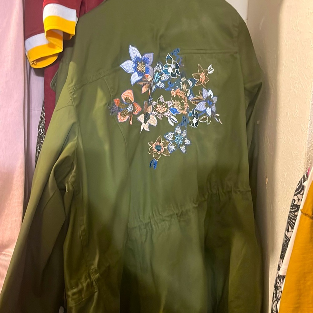 Olive green coat with flowers